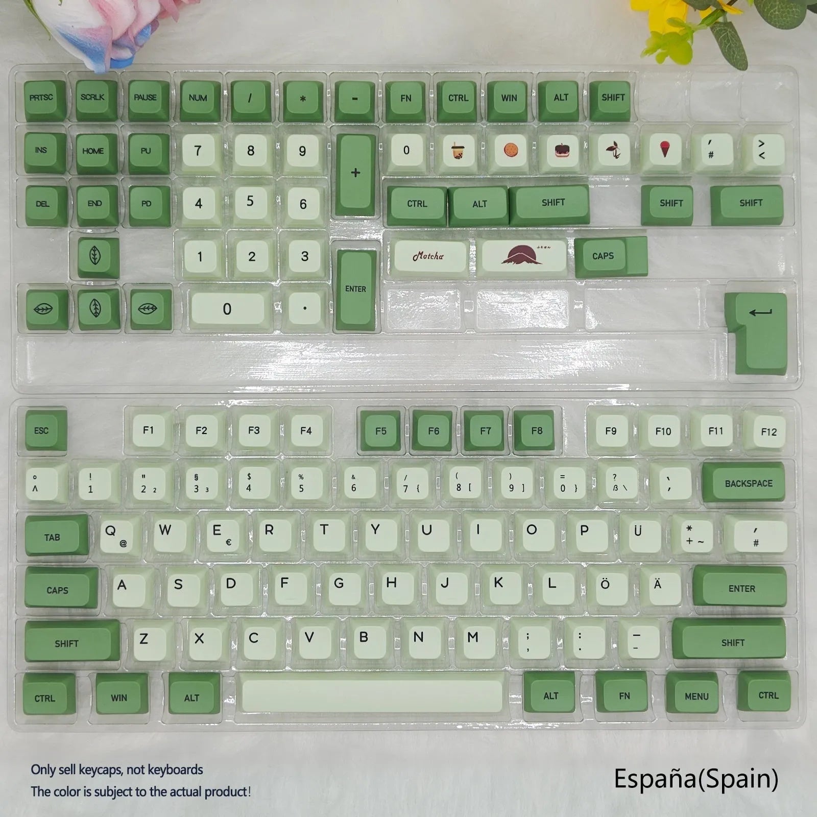 124 Key Matcha green PBT sublimation keycap set for mechanical keyboards laid out flat.