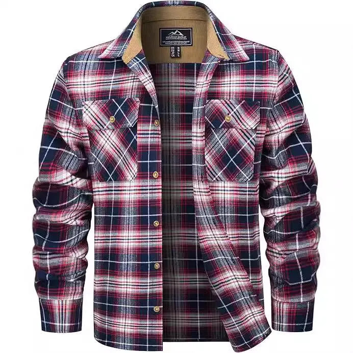 Men's casual plaid button shirt in cardigan style for winter, available in multiple colours.