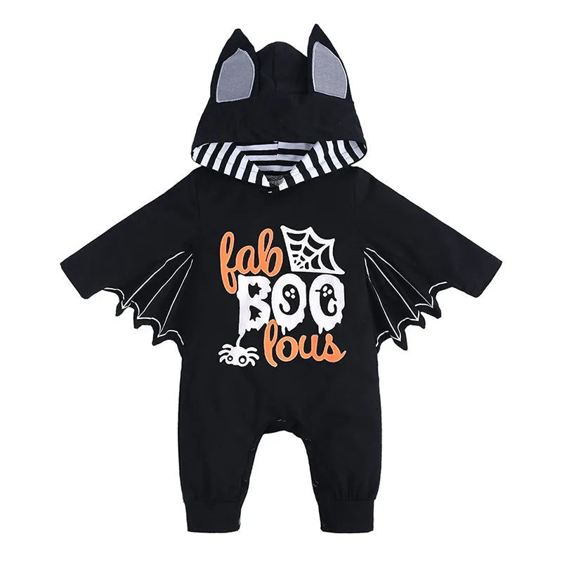 Baby Halloween batwing sleeve cotton jumpsuit with fixed hood, long sleeves, neutral colour, suitable height 60-100cm