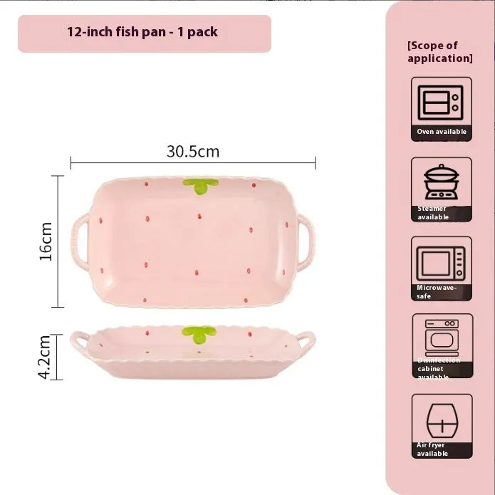 Cute strawberry design porcelain dinnerware set with flower bowls, straw hat plates, and a twist spoon.