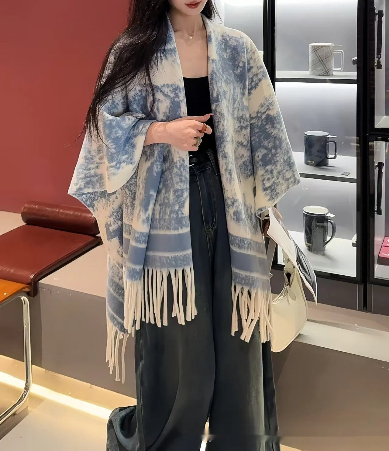 Women's polyester scarf cape with tassel trim in multiple colour options