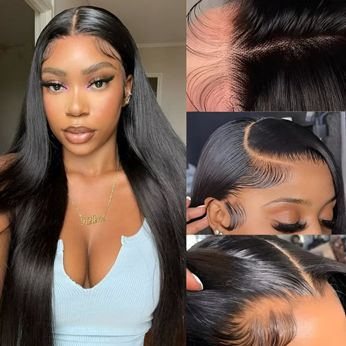 13x6 straight lace front human hair wig in black showing natural hairline construction
