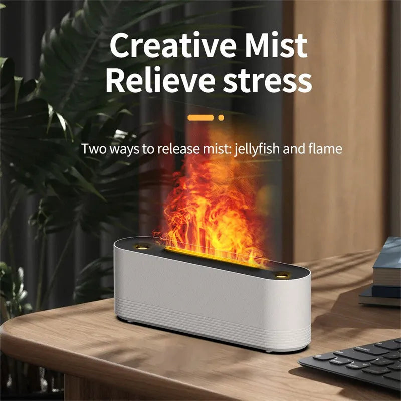 Black ultrasonic humidifier diffuser with coloured flame LED light and mist spray