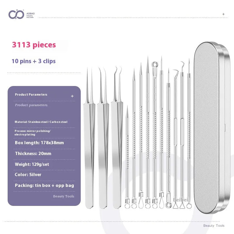 Set of four silver metal acne needles with pointed tips on a white background.