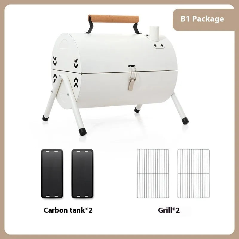 White portable barbecue grill with folding design and detachable carbon tanks for frying and baking.
