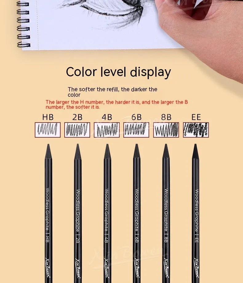 Graphite sketching pencil set with six art grades from HB to EE in wood-free construction