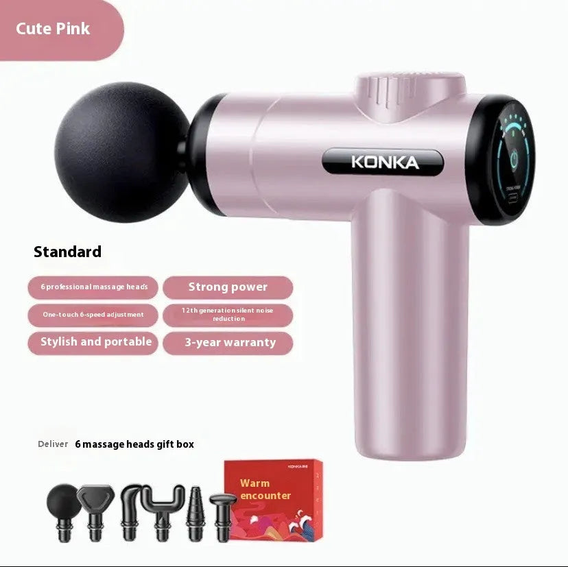 Konka V19 mini electric massage gun in grey colour with multiple massage heads on a red box.