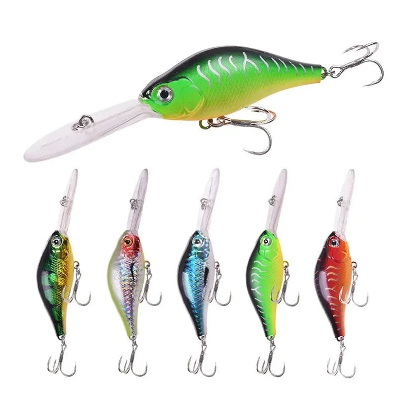 Mino fishing lure with deep diving long tongue board, 10.5cm length, 15g weight, five colour options