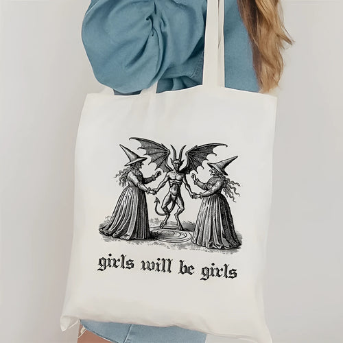 Women's canvas tote bag with printed letter pattern and chain detail in urban simplicity style