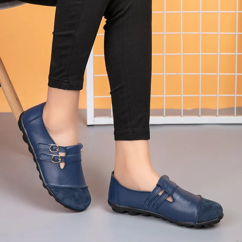 Men's black Velcro casual flat shoes with cow split leather upper and round toe