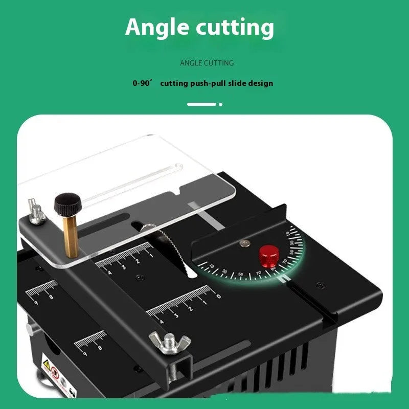Lithium ion battery-powered metal desktop angle grinder saw on a workbench.