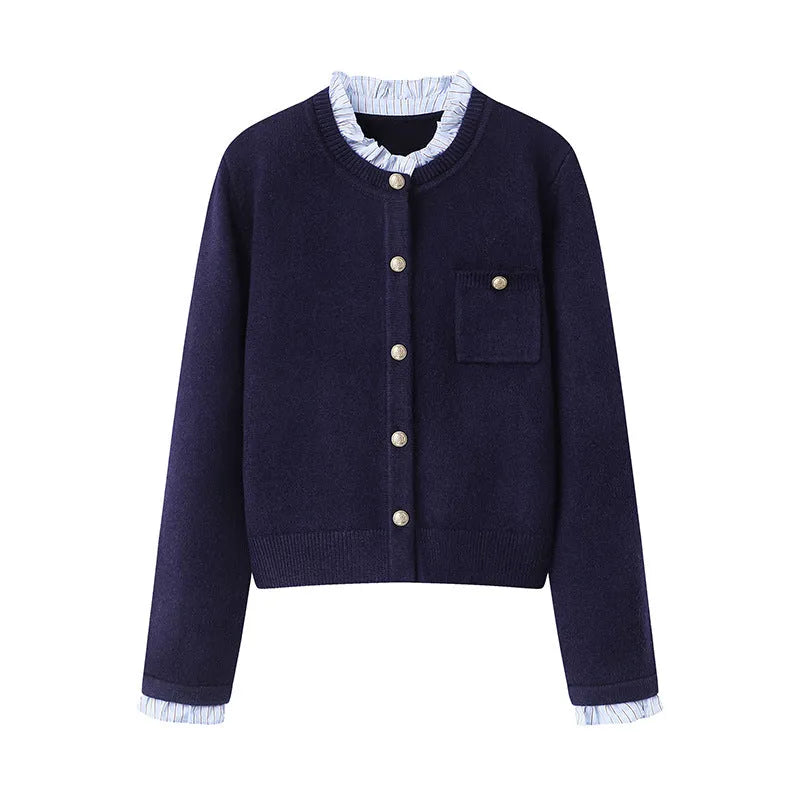 Women's pleated lace collar sweater coat in navy blue, acrylic knit, long sleeves