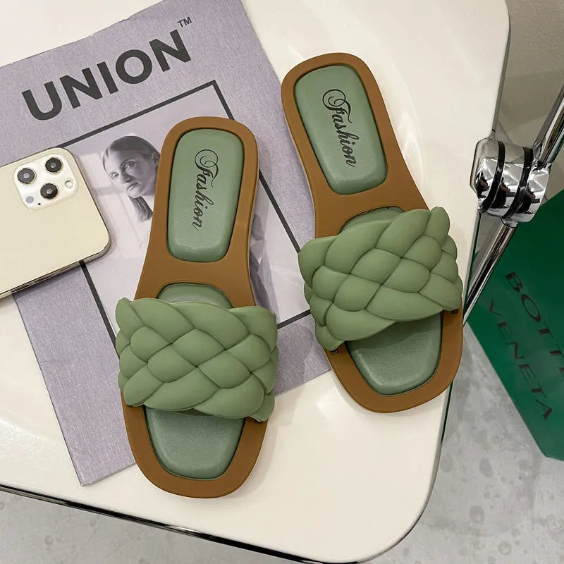 Women's plaid pattern sandals with a thick anti-skid PVC sole in black, green, orange, or white.