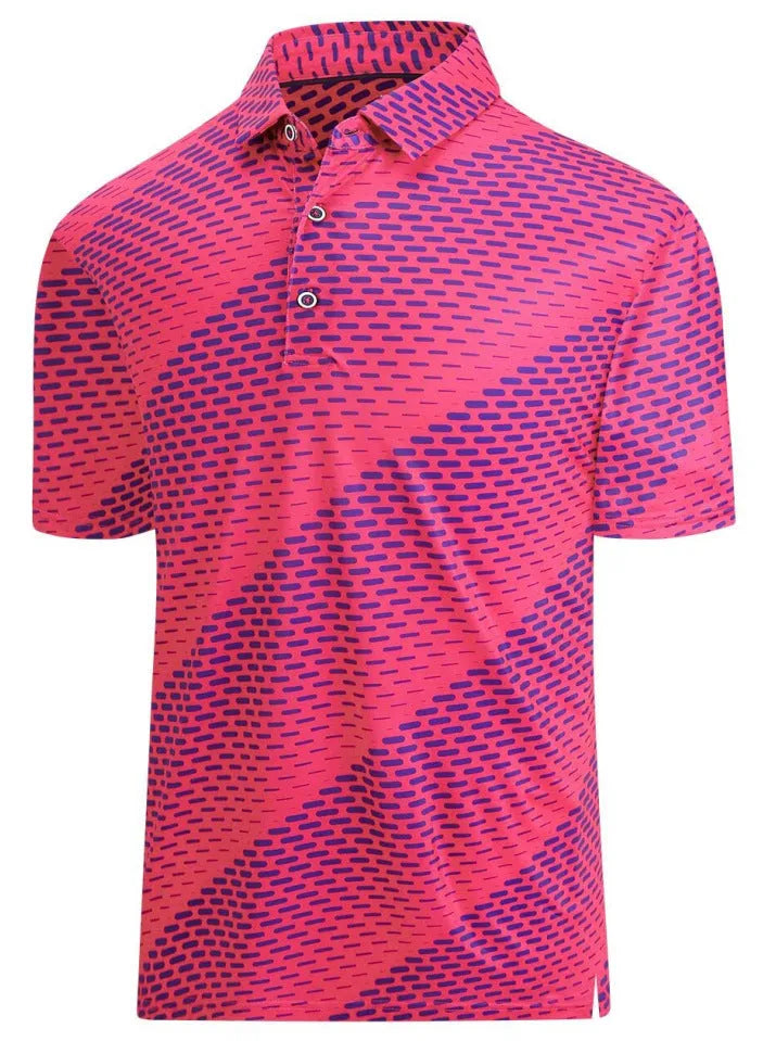Man wearing a 3D print short sleeve top with Japanese retro style and zipper details.