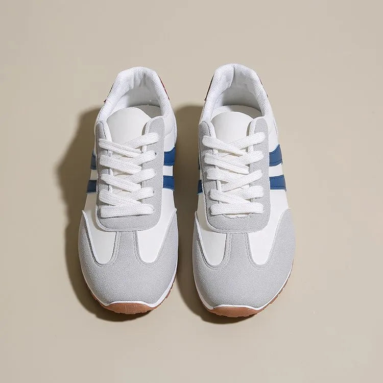 Blue and grey Cortez stripes sports shoes with rubber sole and round toe design