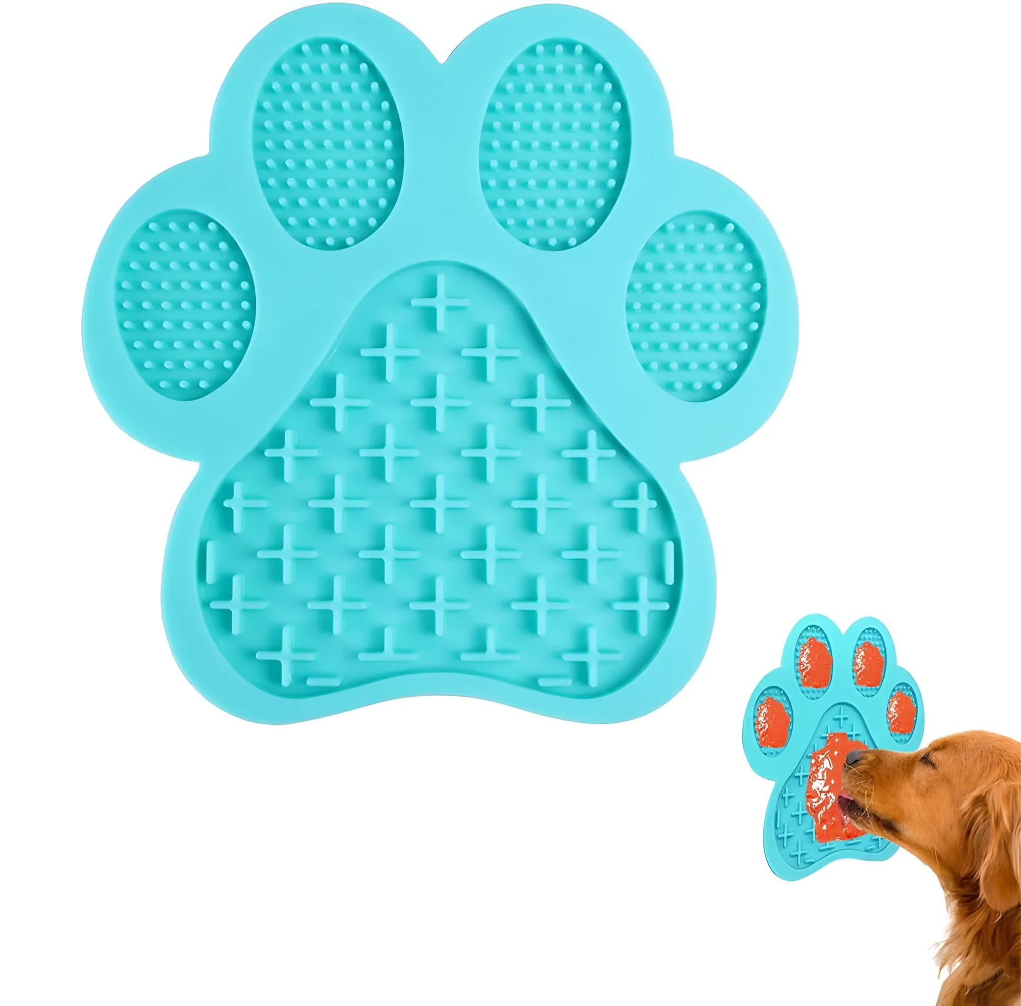 Blue silicone dog licking mat with bone-shape texture and suction cups on a tiled wall.