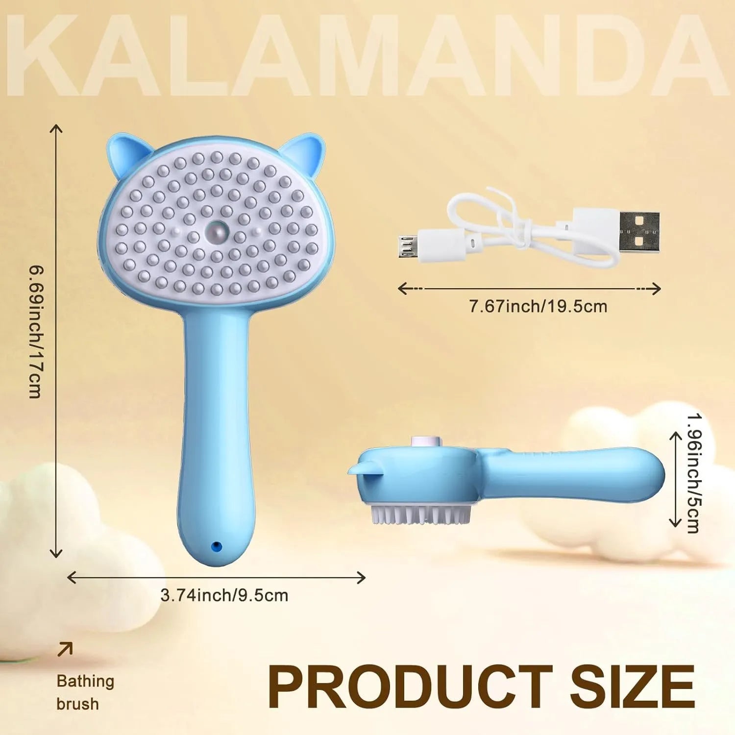 Blue cat-ear shaped steam brush for pet grooming with rubber bristles and a release button.