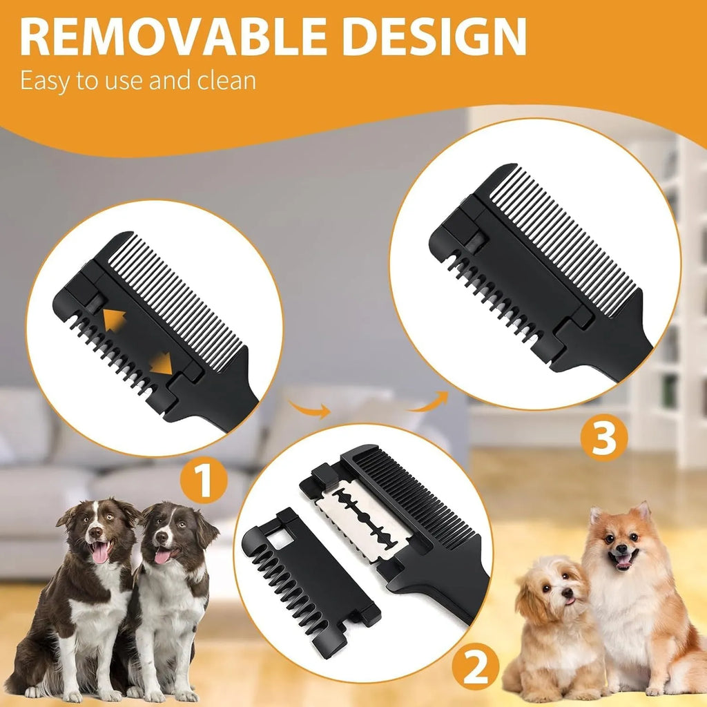 Pet razor comb with trimming blades and detangling teeth for dog cat grooming