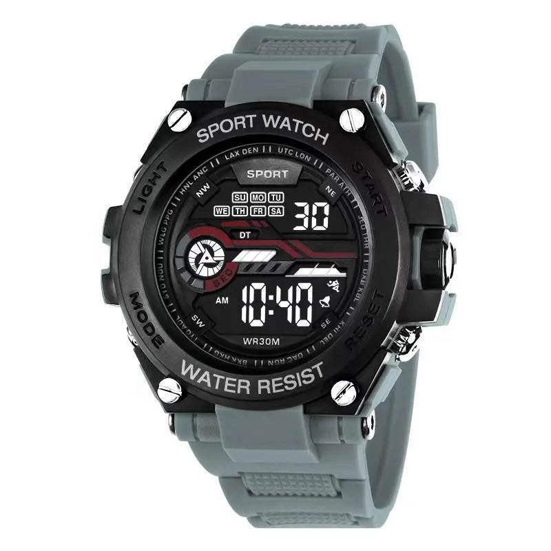 Digital electronic watch for teenagers and students showing LED display and colour options