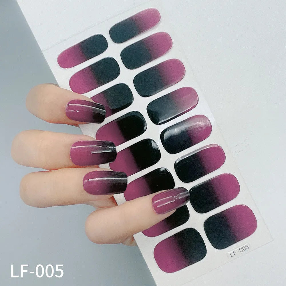 Full nail art sticker sheet showing 16 different solid colour designs including European simple nails and floral patterns