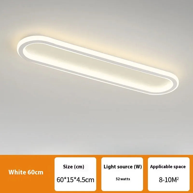 Minimalist black strip ceiling lamp with a linear PVC shade mounted on a white ceiling
