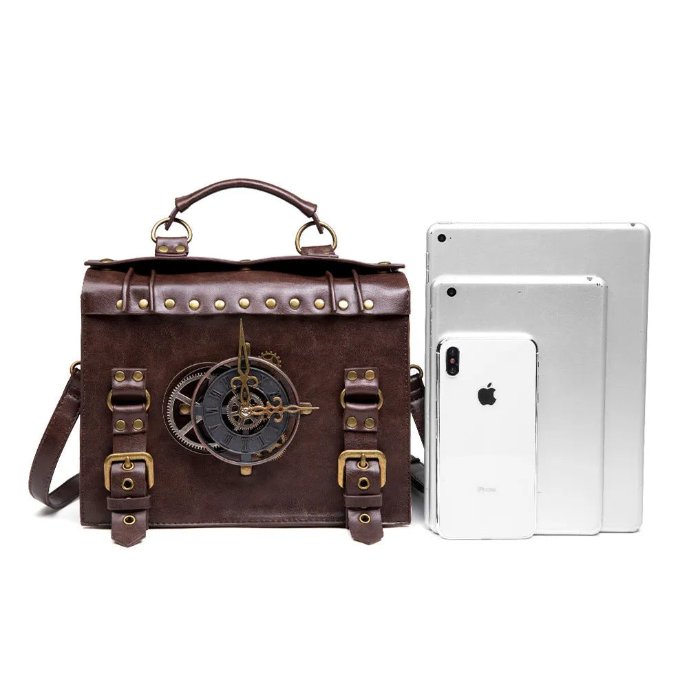Bronze steampunk industrial retro style square shoulder bag with metal details.