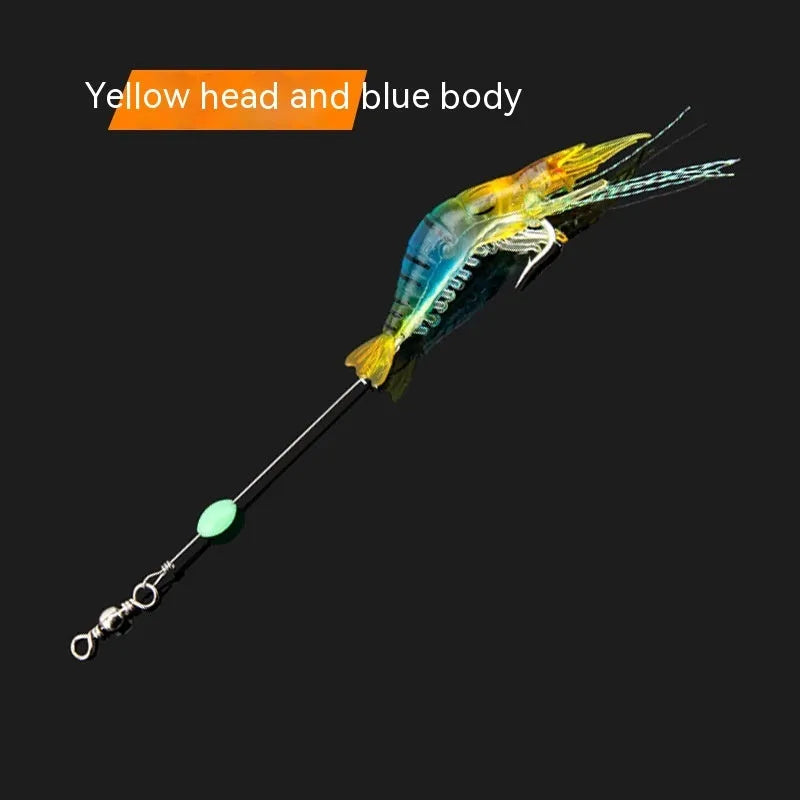 Soft plastic fishing lure with integrated hook in six colour variations including luminous patterns