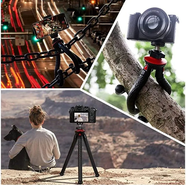 Black tripod octopus portable stand with flexible rubber legs, remote control, on a table with an iPhone