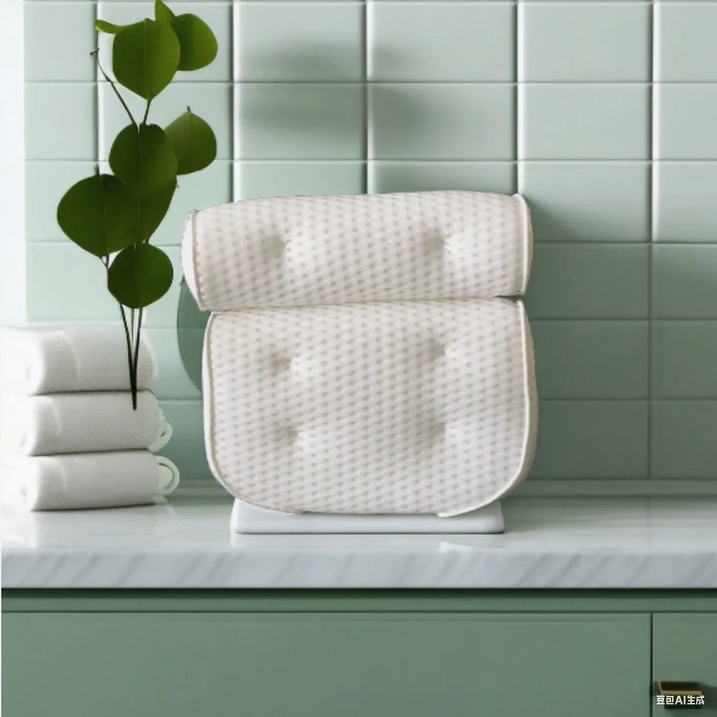 White 4d mesh bath pillow with 7 suction cups, measuring 37x34x10cm