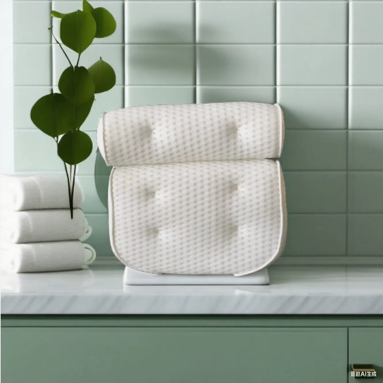 White 4d mesh bath pillow with 7 suction cups, measuring 37x34x10cm