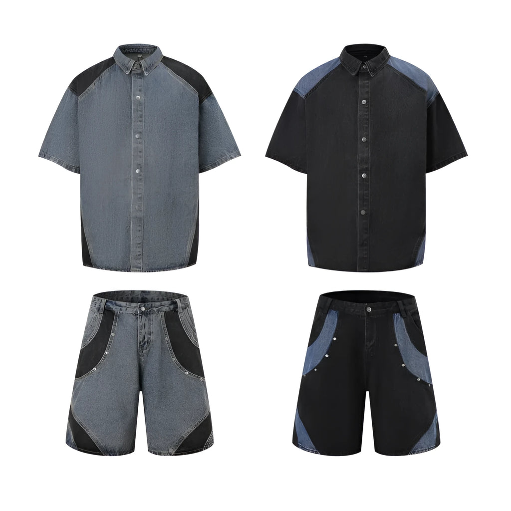 Retro washed blue denim short-sleeve jacket and matching trousers suit laid flat.