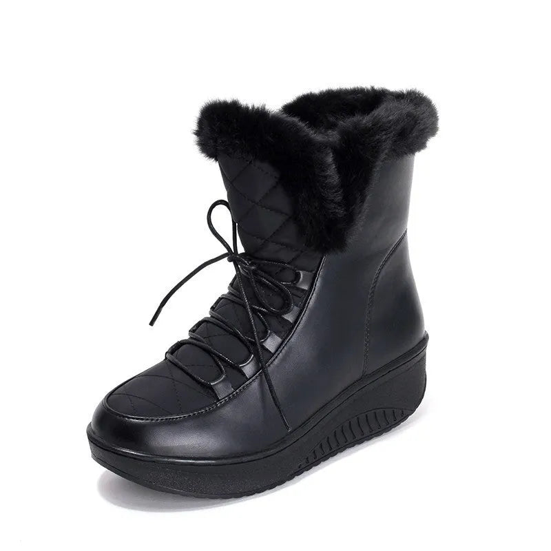Black women's winter boots with lace-up closure and platform sole