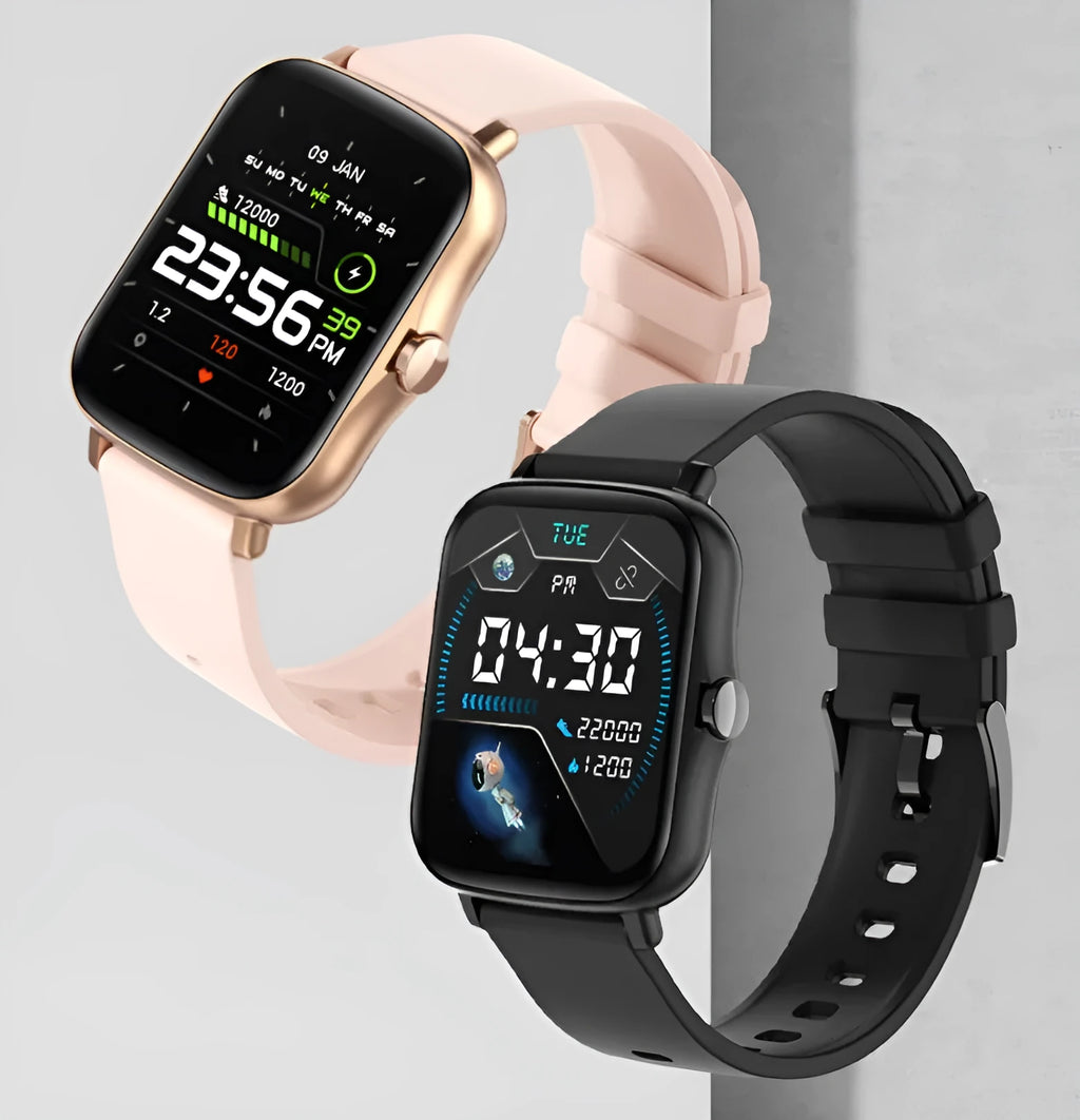 Black smart watch with 1.7-inch colour touchscreen on an adjustable strap.