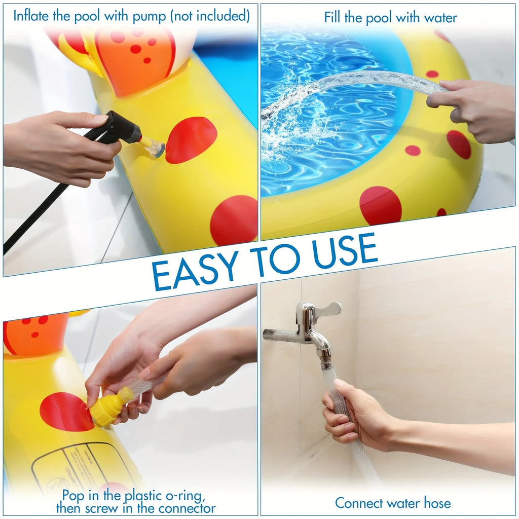Blue dinosaur water spray pool measuring 170cm long with inflatable shark design for garden play