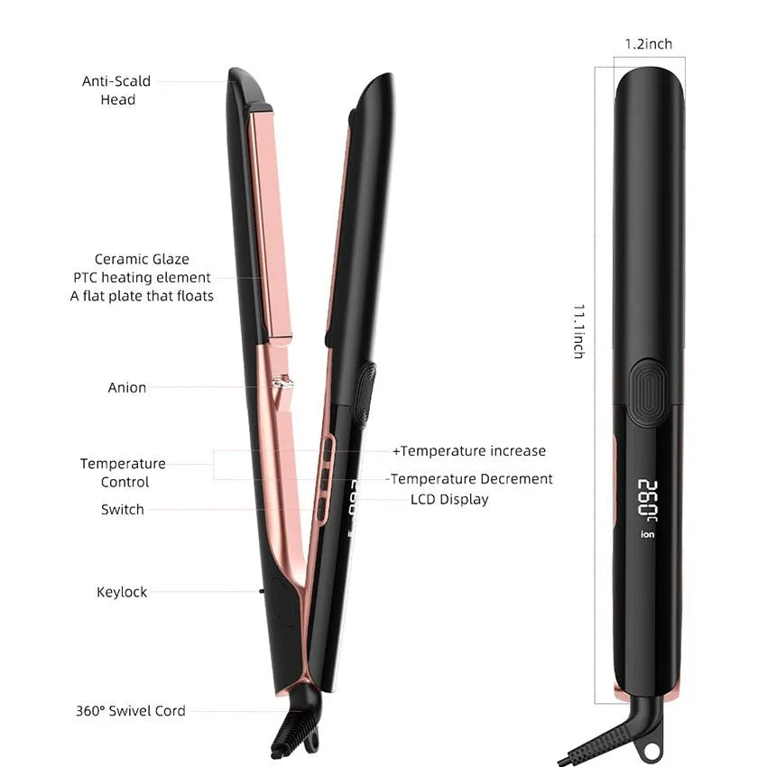 207℃ negative ion hair straightener and curler with temperature display and EU plug