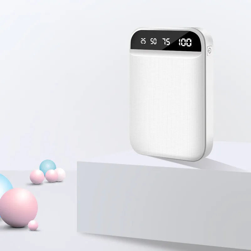 Compact mini power bank in choice of colours showing multi USB ports and small size.