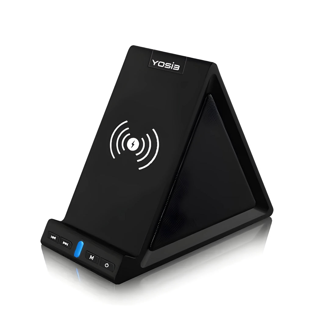 Black multifunctional Bluetooth speaker with integrated phone holder and wireless charging pad showing front and side views.