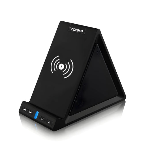 Black multifunctional Bluetooth speaker with integrated phone holder and wireless charging pad showing front and side views.