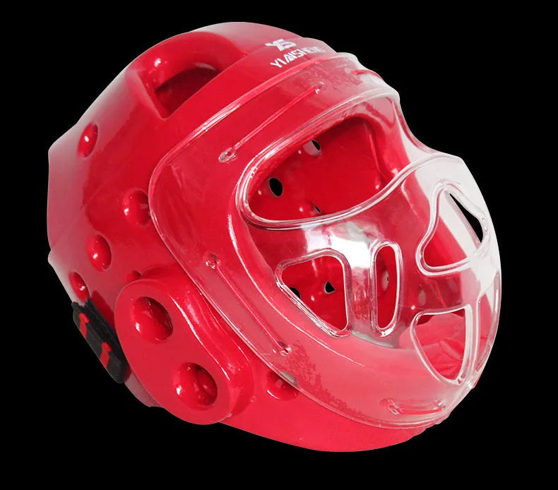 Karate boxing helmet head protection equipment in white, blue, or red colours