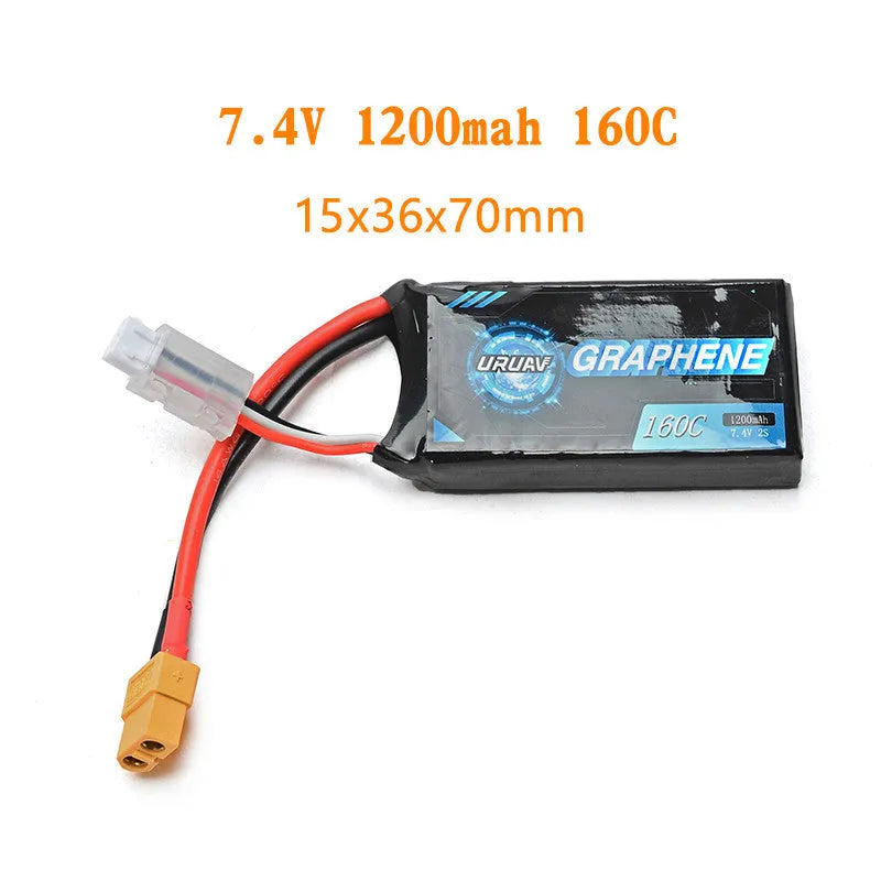 7.4V 1200mAh lithium polymer RC battery with dimensions 15mm by 36mm by 70mm