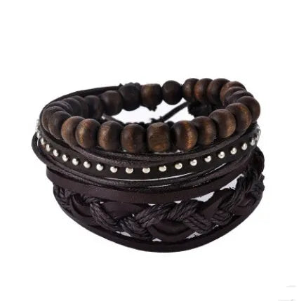 Adjustable leather punk wrap bracelet with wooden beads and multilayer design