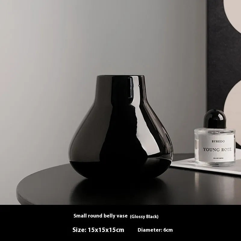 Ceramic round belly vase in black or white with French modern style and optional artificial orchid flowers