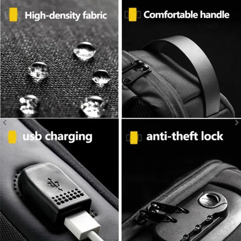 Black waterproof Oxford cloth anti-theft messenger bag with USB port and crossbody strap