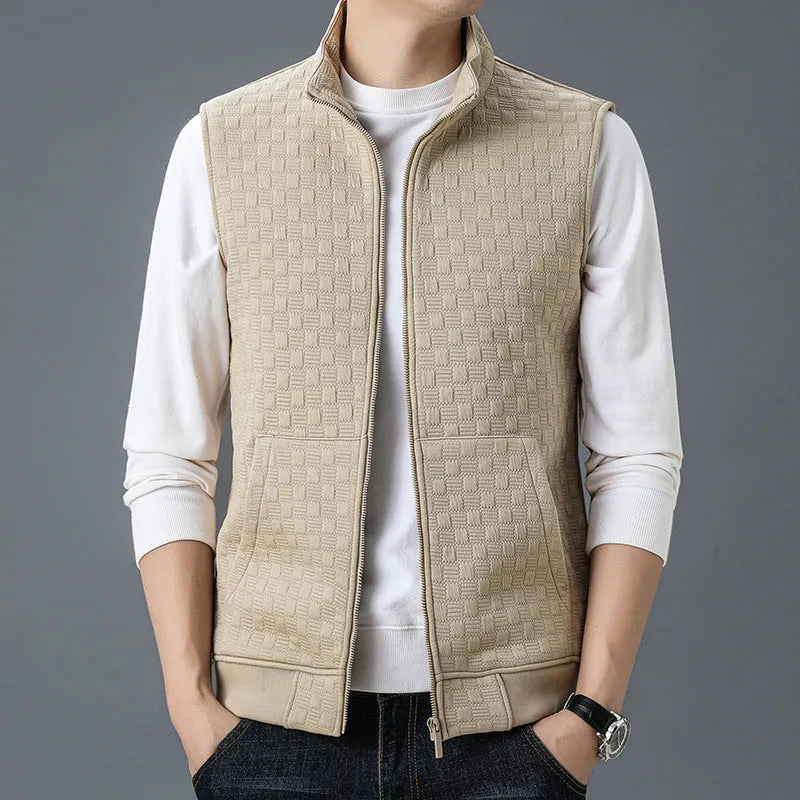Casual sleeveless waistcoat top in chemical fibre blend fabric shown in cardigan style