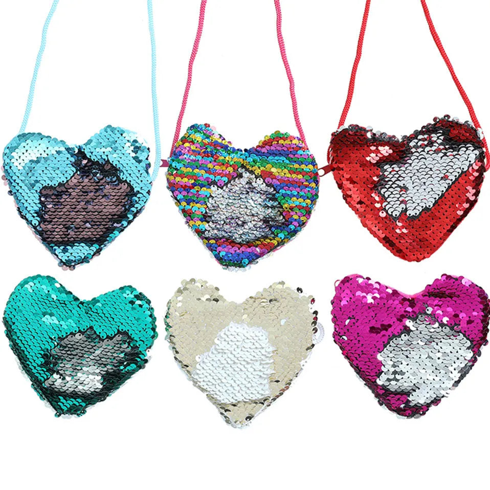 Sequined heart-shaped crossbody purse in gold with lanyard strap
