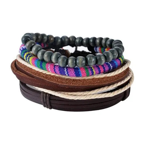 Adjustable leather punk wrap bracelet with wooden beads and multilayer design