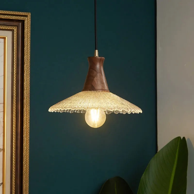 Retro wooden chandelier with brass finish and glass lampshade in three size options