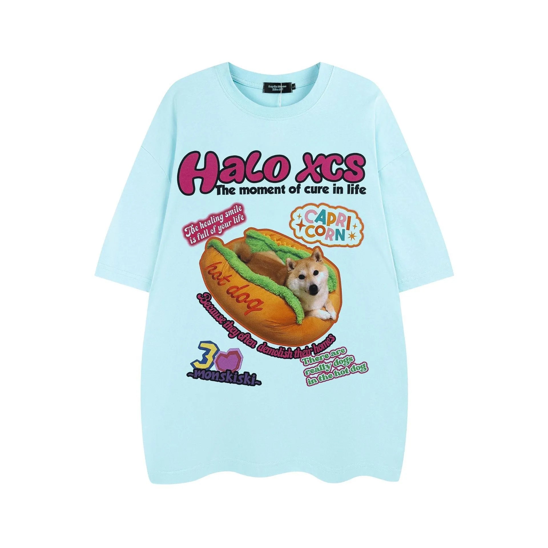 Cartoon hamburger dog printed cotton T-shirt in loose fit available in three colours