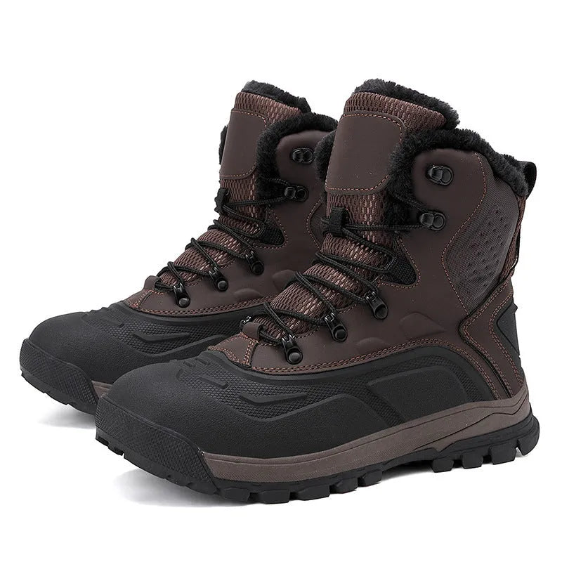 Men's black high-top fleece-lined boots with lace-up front and ribbed TPR sole.