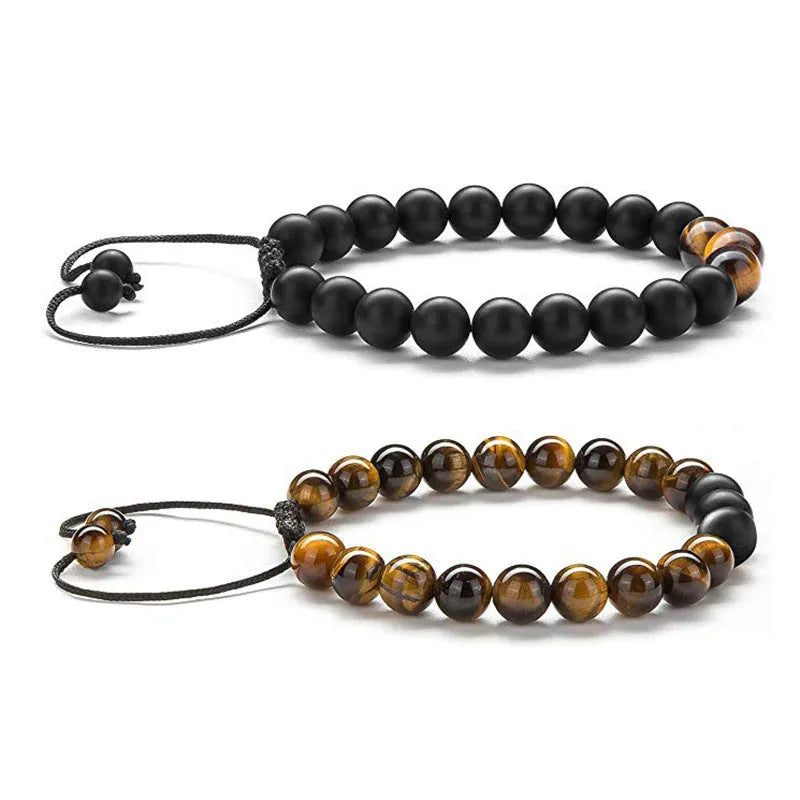 Matte black agate couple bracelets with geometric bead design